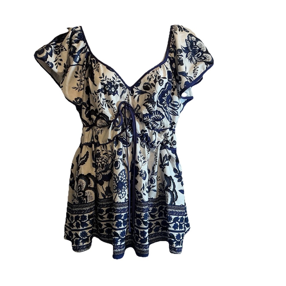Women's SHEIN Babydoll Flutter Sleeve Shirt Blue White Floral Plus - Size 0XL
